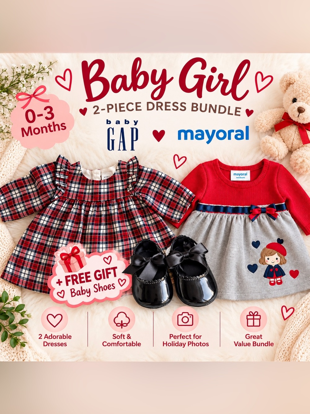 Baby GAP & Mayoral Baby Girl Dress Bundle 2-Piece + FREE Shoes | 0–3M